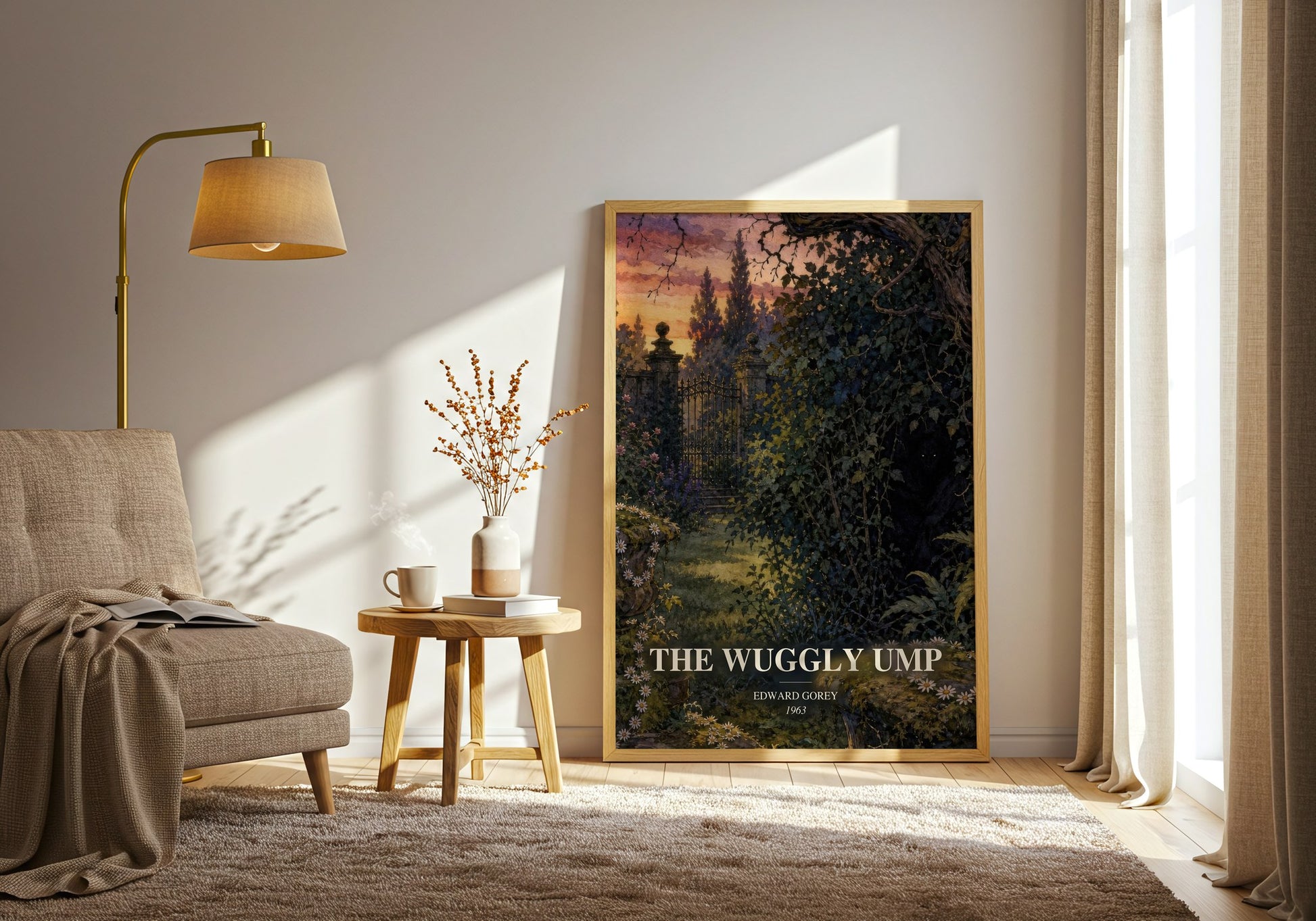 The Wuggly Ump watercolour print in frame leaning in hallway – childrens wall art