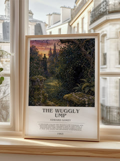 The Wuggly Ump bookish print in frame leaning in hallway – childrens wall art