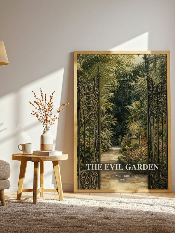 The Evil Garden watercolour print in frame leaning in hallway – childrens wall art