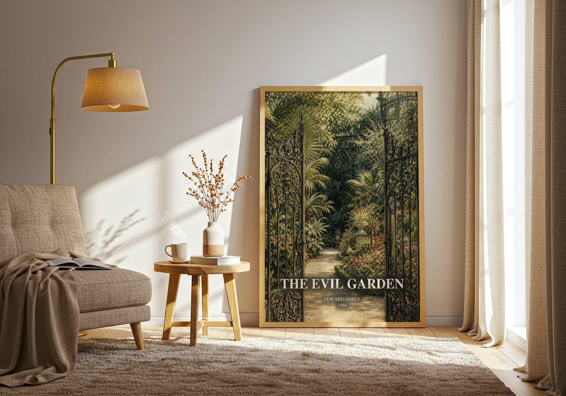 The Evil Garden watercolour print in frame leaning in hallway – childrens wall art