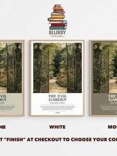 The Evil Garden bookish print framed by window – Stone, White and Mocha side by side – choose your colour