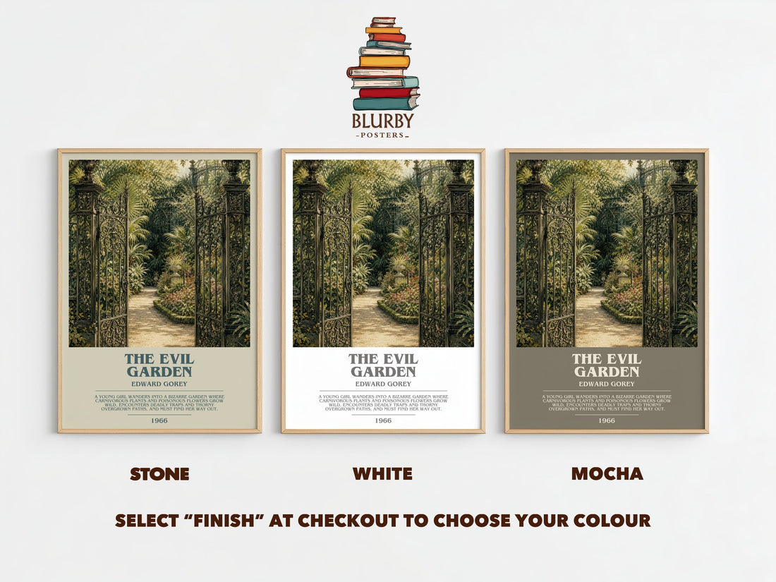 The Evil Garden bookish print framed by window – Stone, White and Mocha side by side – choose your colour