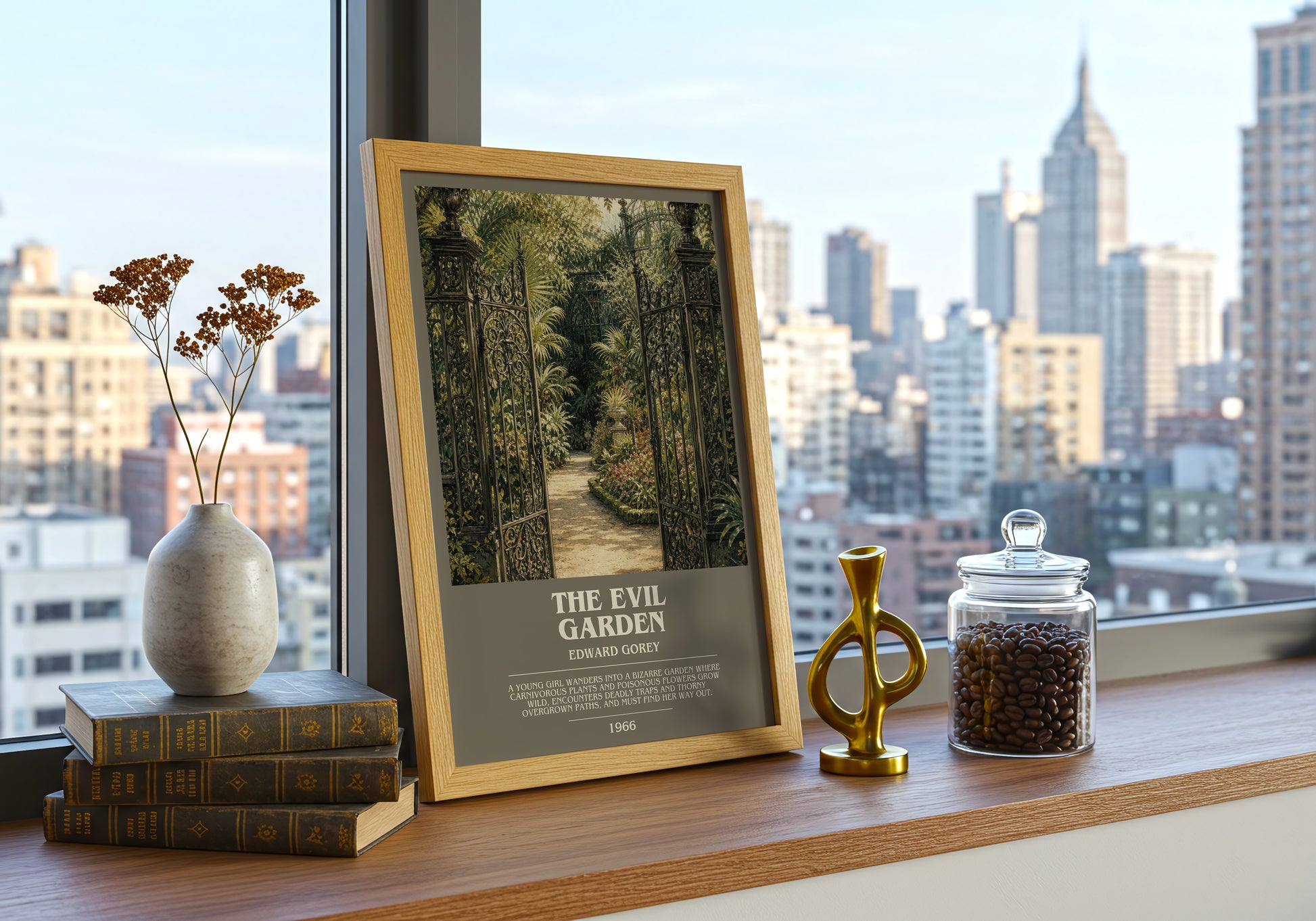 The Evil Garden bookish print framed by window – literary home decor