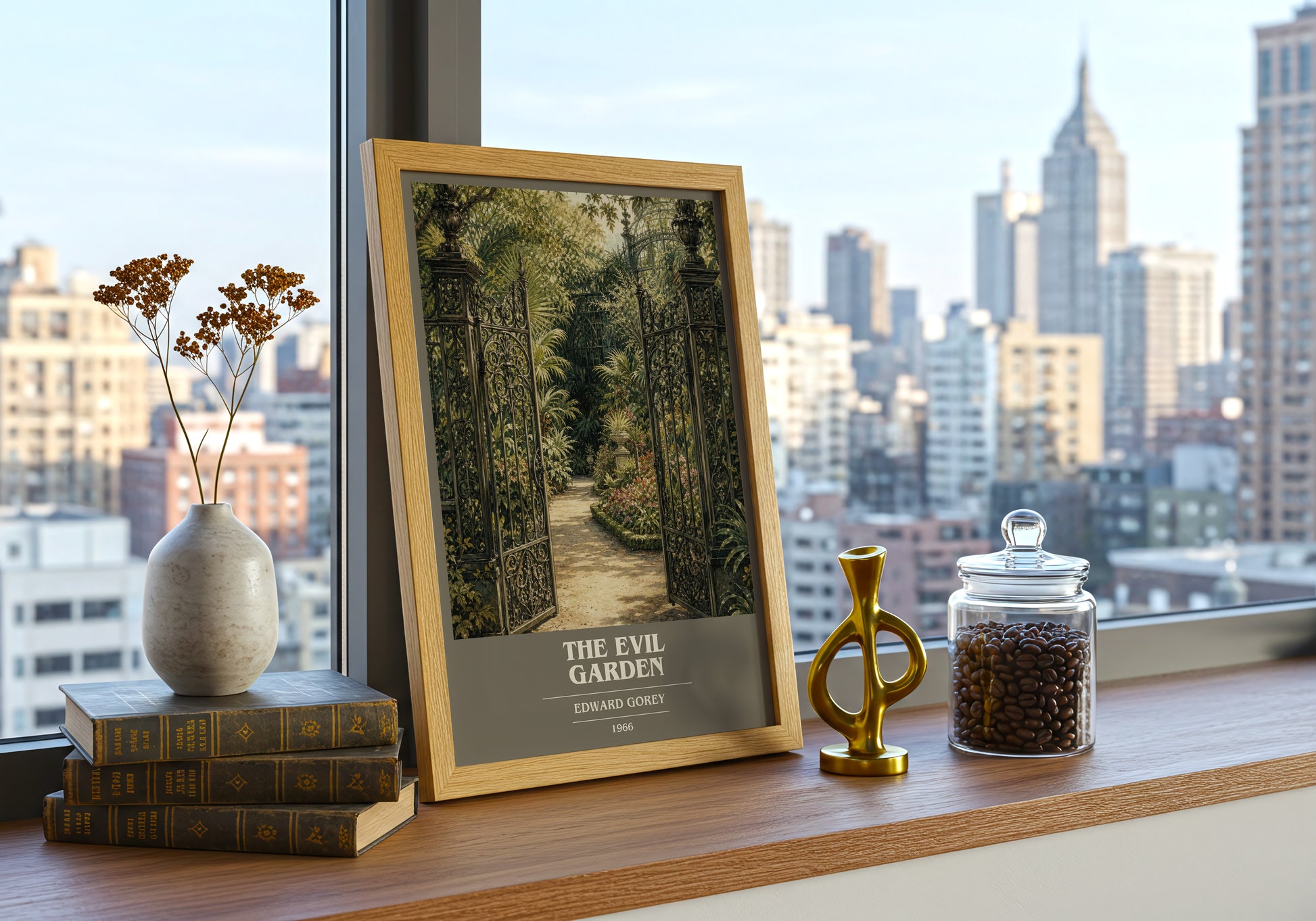 The Evil Garden book cover print framed by window – literary home decor