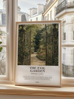 The Evil Garden bookish print in frame leaning in hallway – childrens wall art