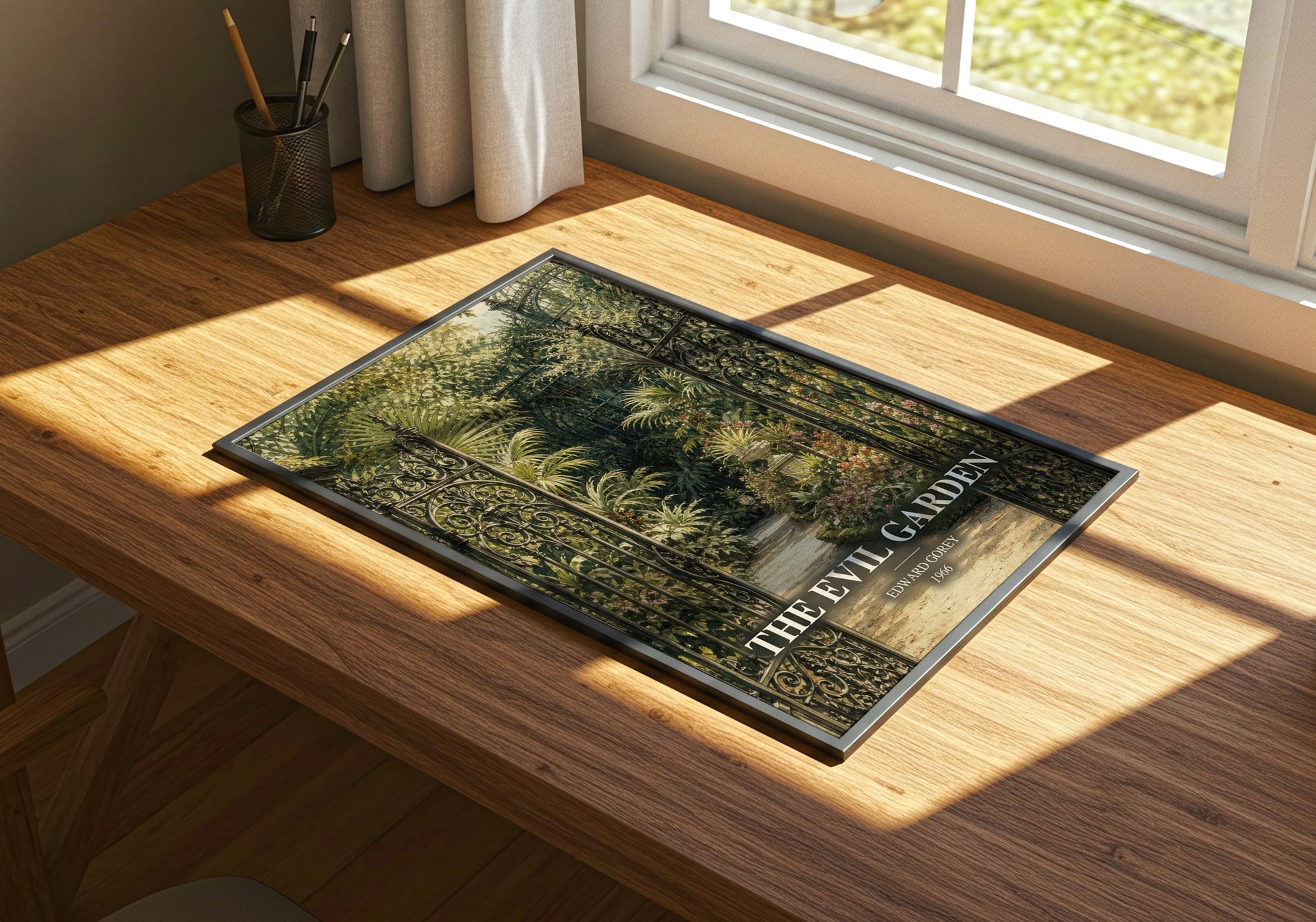 The Evil Garden watercolour book poster framed on wall – childrens wall art