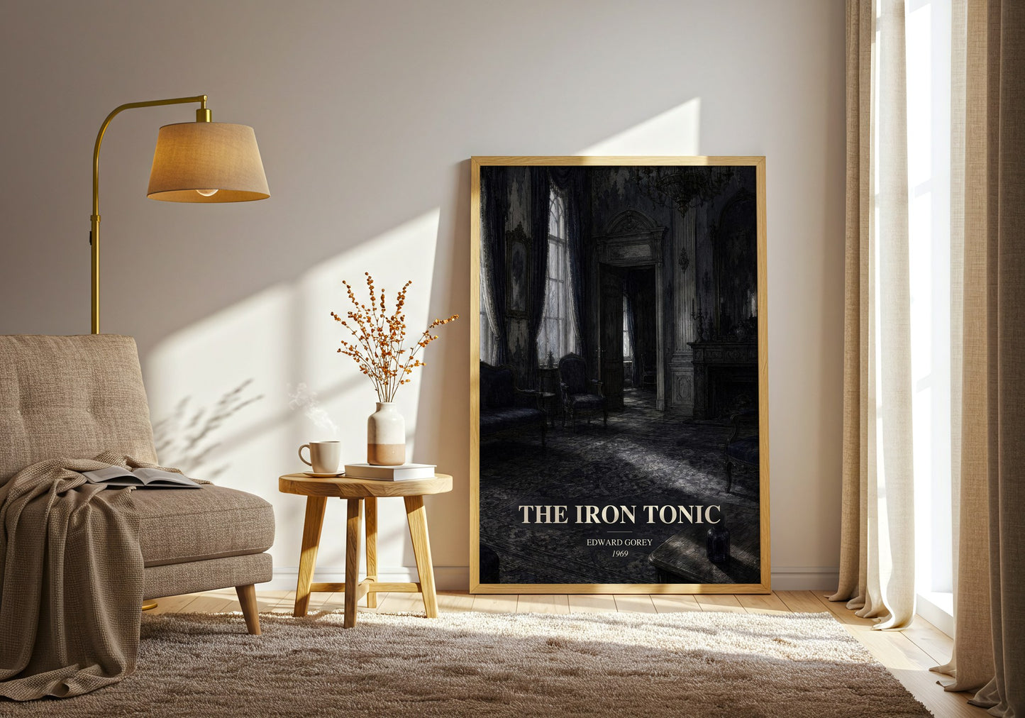The Iron Tonic watercolour print in frame leaning in hallway – childrens wall art