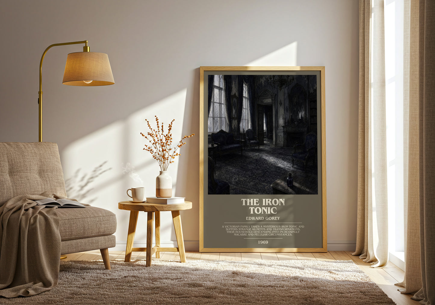 The Iron Tonic bookish print on bookshelf – Edward Gorey fan gift