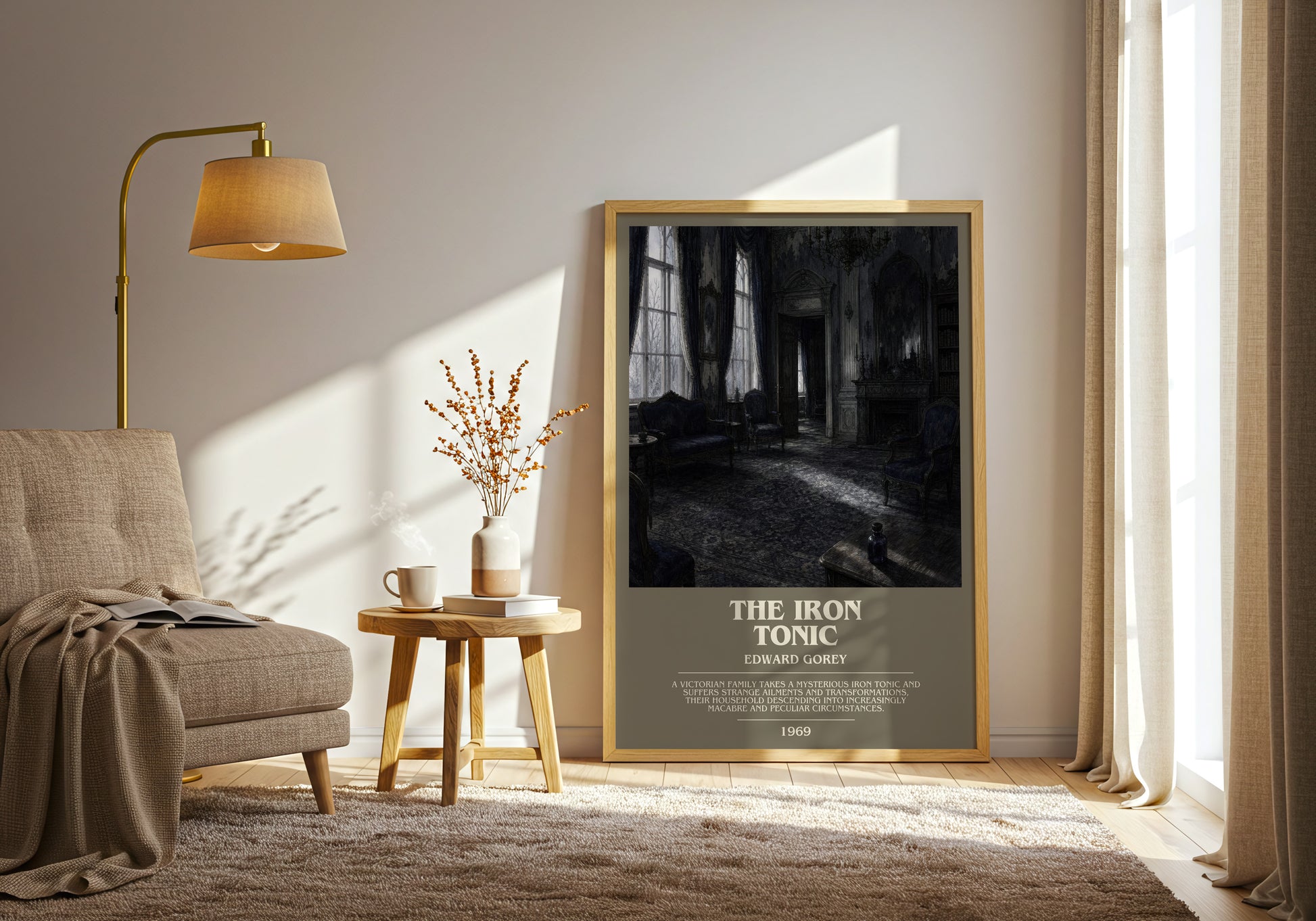 The Iron Tonic bookish print on bookshelf – Edward Gorey fan gift