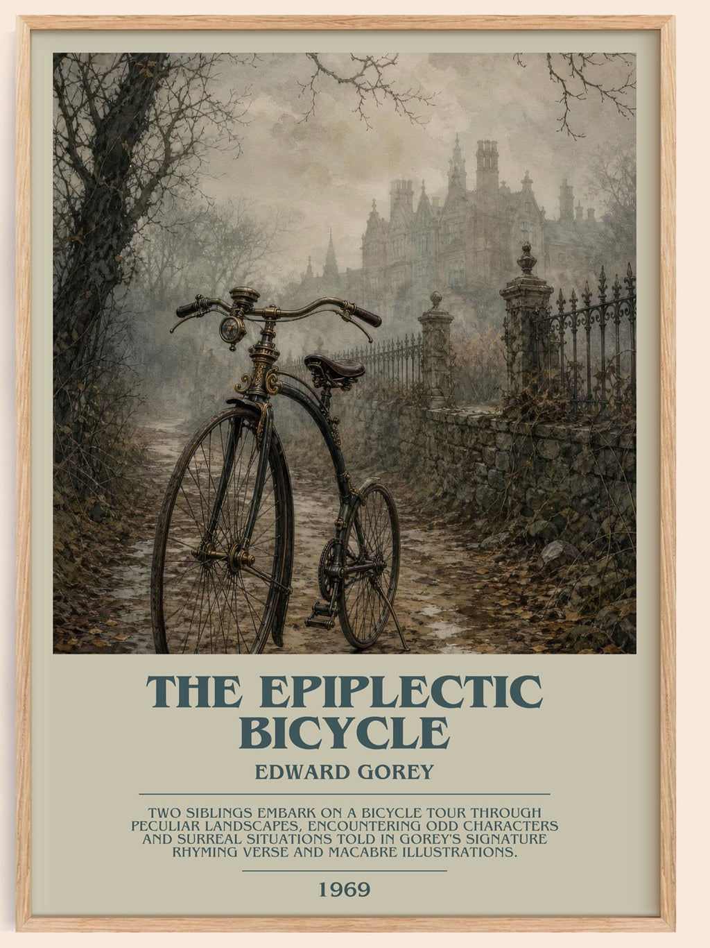 The Epiplectic Bicycle bookish book poster by Edward Gorey – framed literary art print