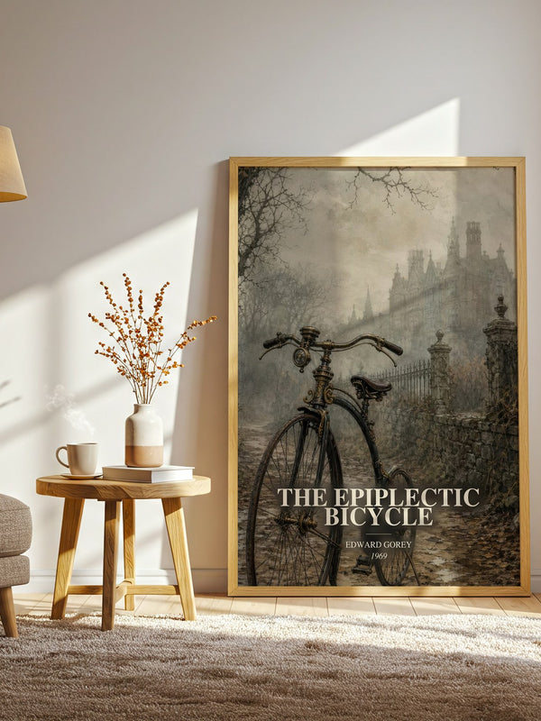 The Epiplectic Bicycle watercolour print in frame leaning in hallway – childrens wall art