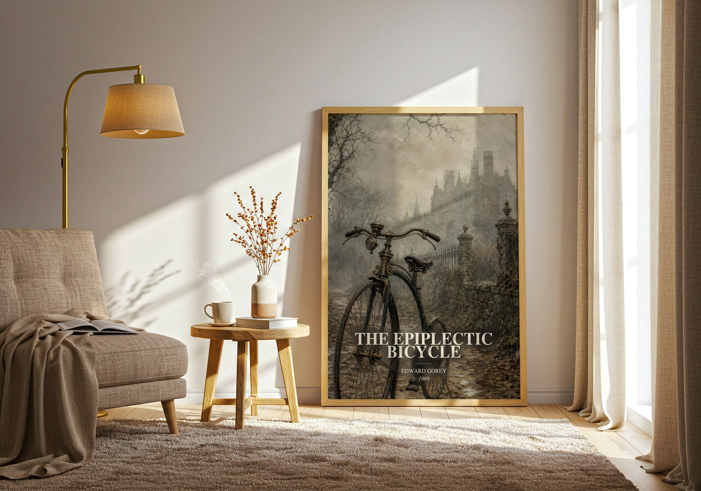 The Epiplectic Bicycle watercolour print in frame leaning in hallway – childrens wall art
