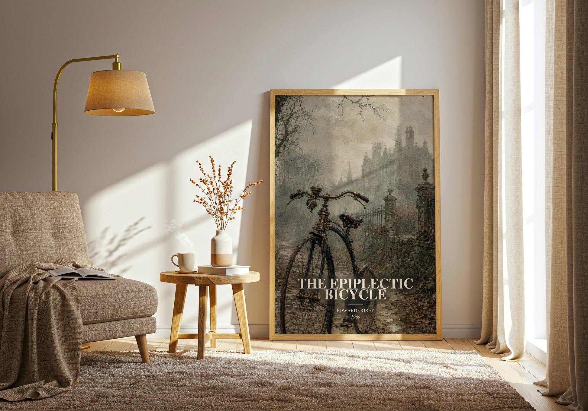 The Epiplectic Bicycle watercolour print in frame leaning in hallway – childrens wall art