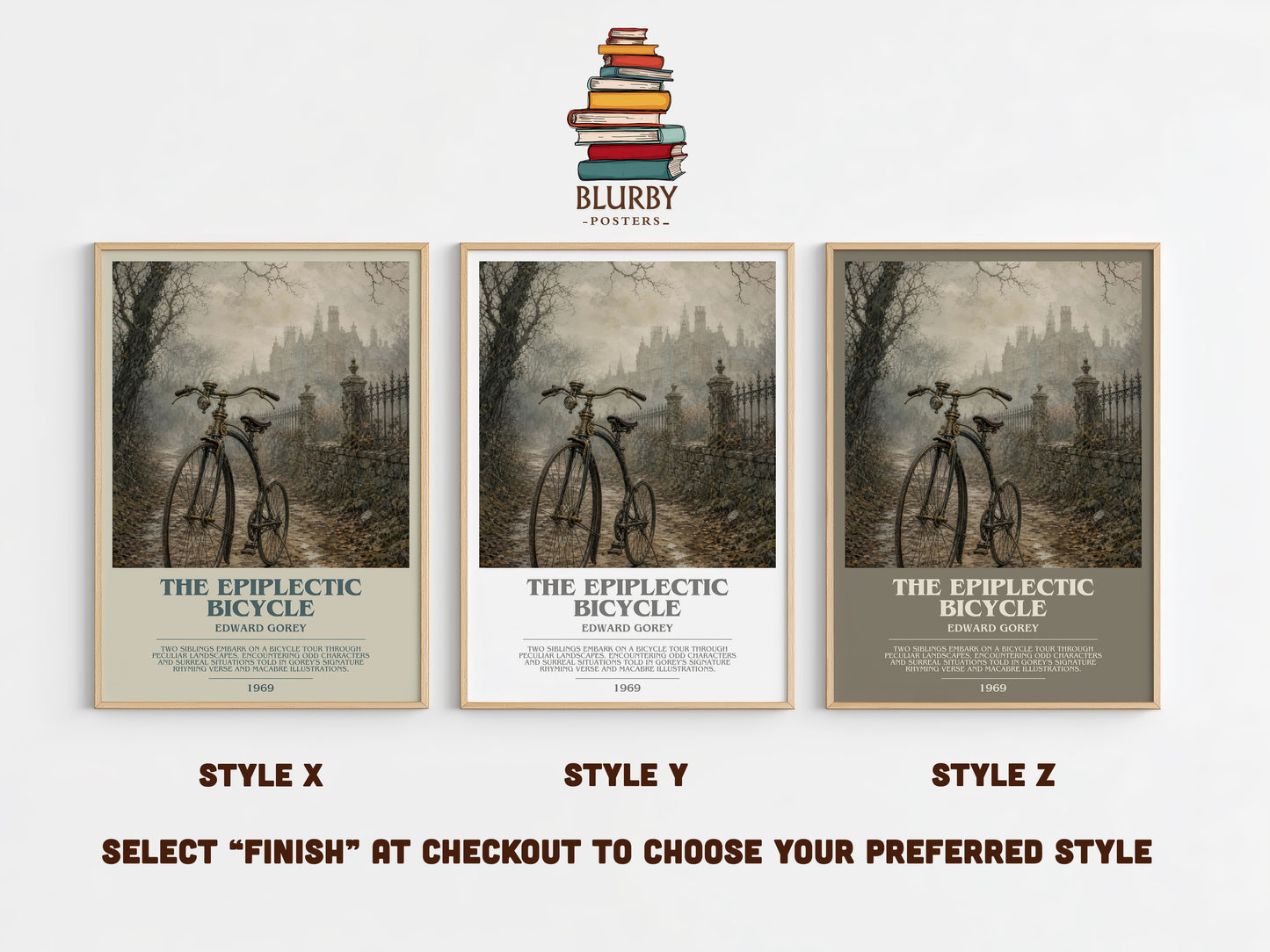 The Epiplectic Bicycle bookish print in frame leaning in hallway – childrens wall art