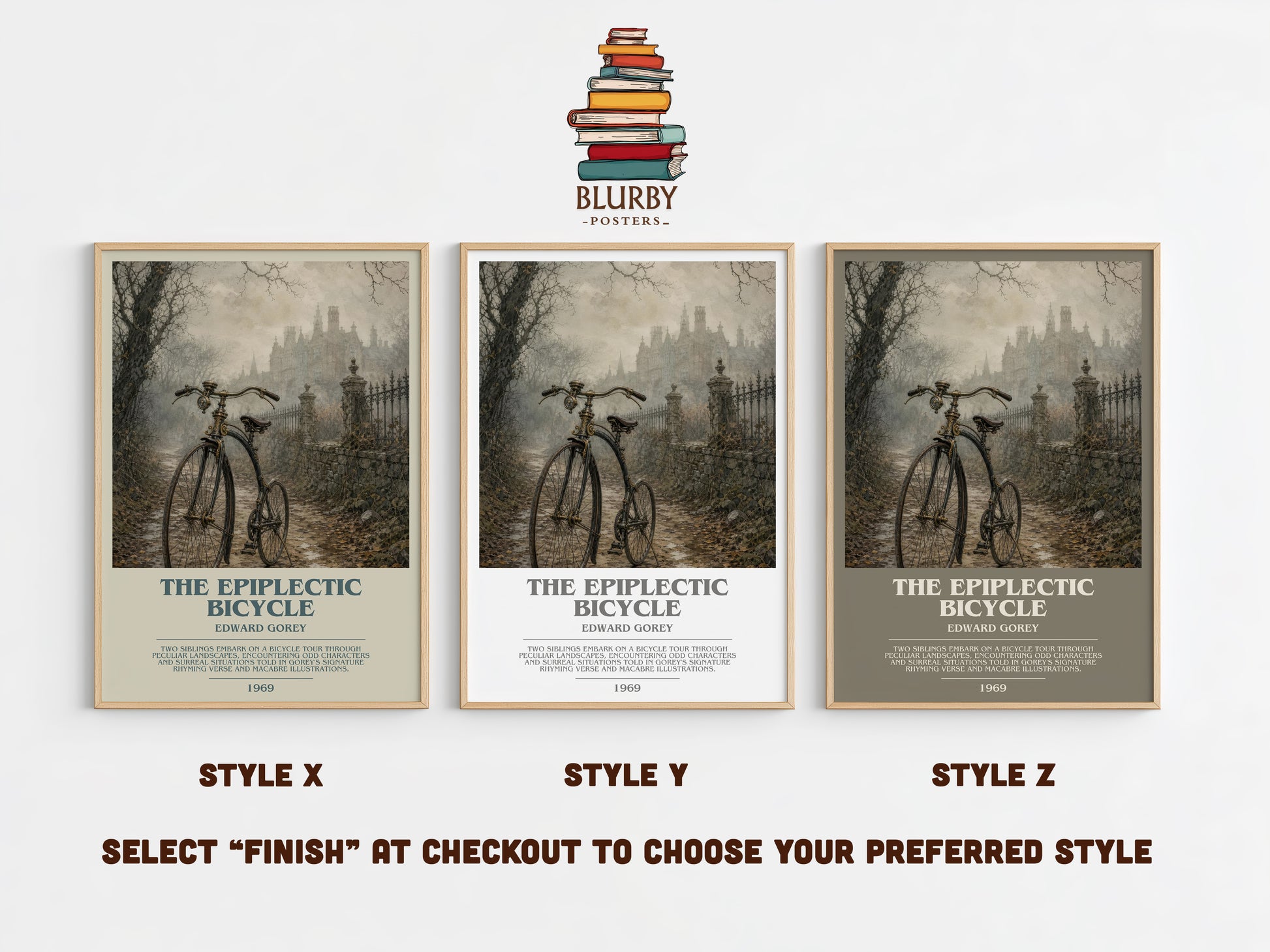 The Epiplectic Bicycle bookish print in frame leaning in hallway – childrens wall art