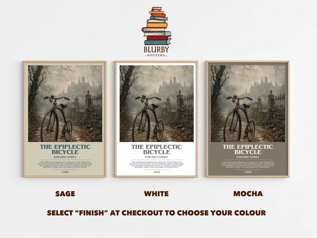 The Epiplectic Bicycle bookish print framed by window – literary home decor
