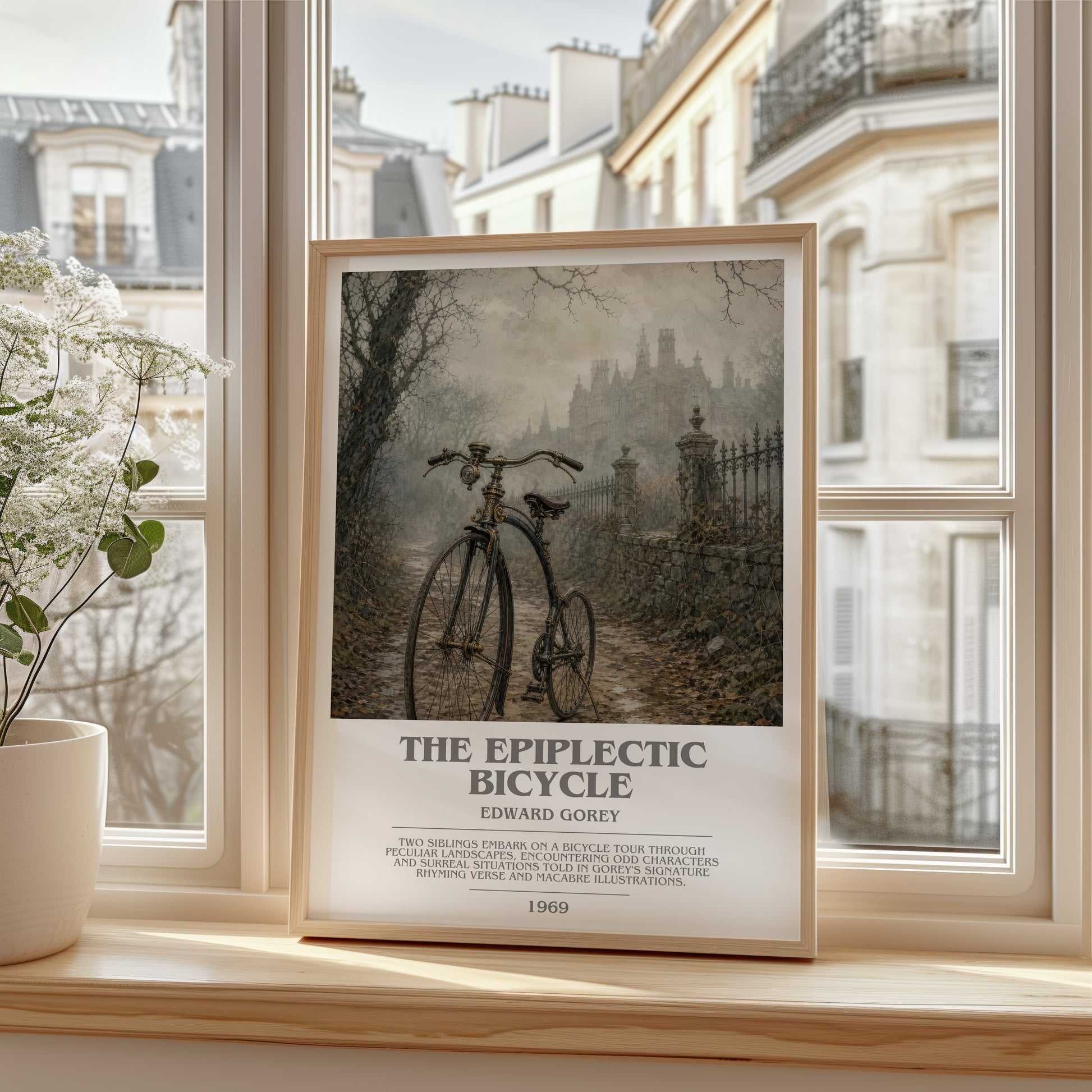 The Epiplectic Bicycle bookish poster colour and style options – Edward Gorey book art