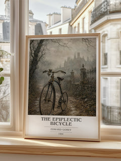 The Epiplectic Bicycle book cover print in frame leaning in hallway – childrens wall art