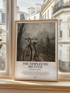 The Epiplectic Bicycle bookish print in frame leaning in hallway – childrens wall art