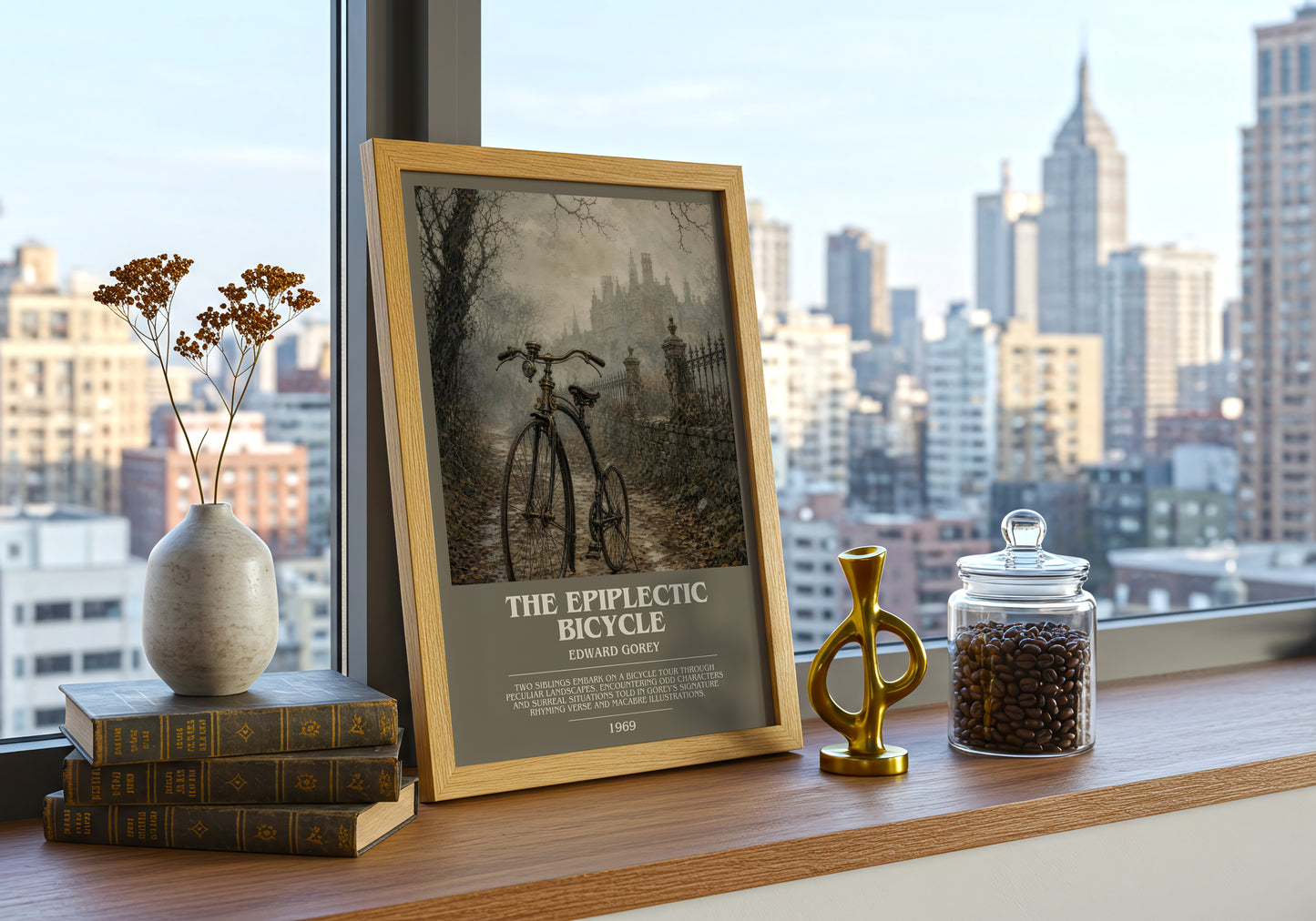 The Epiplectic Bicycle bookish print framed by window – literary home decor