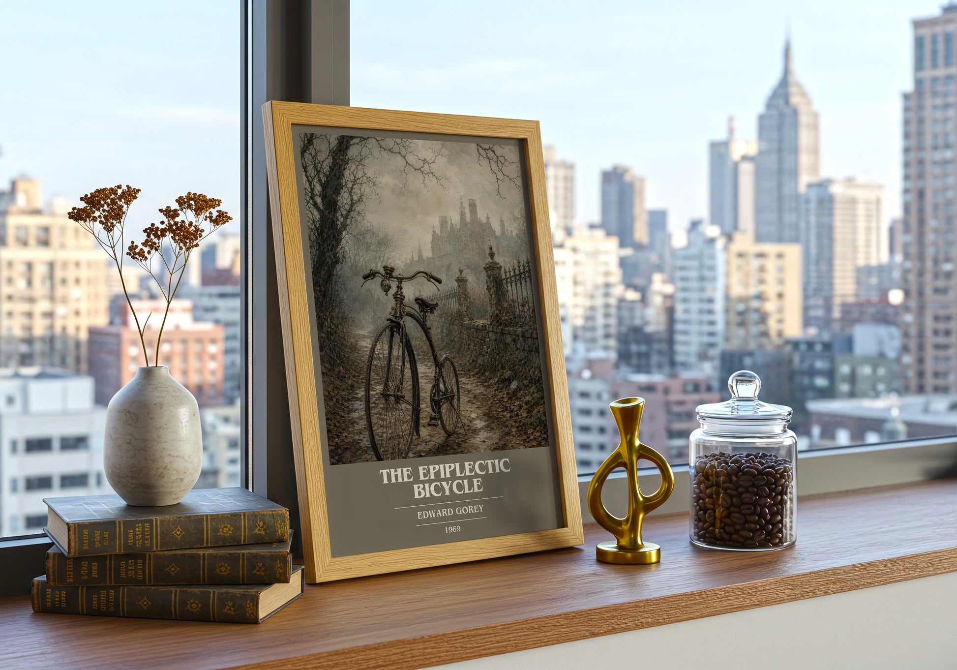 The Epiplectic Bicycle book cover print framed by window – literary home decor