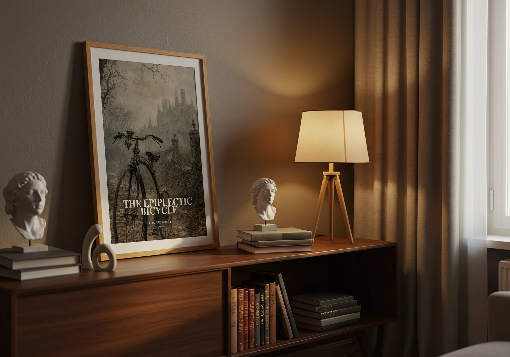 The Epiplectic Bicycle watercolour print on bookshelf – Edward Gorey fan gift