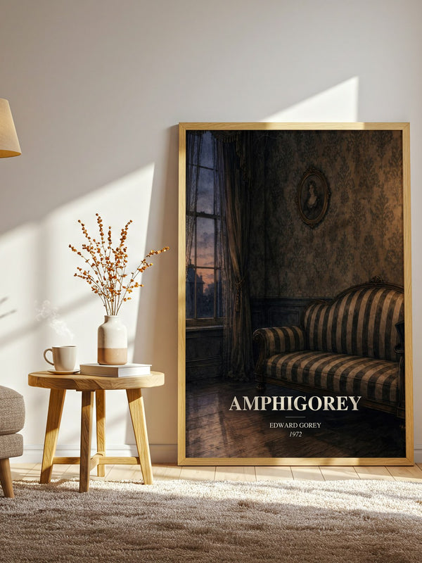 Amphigorey watercolour print in frame leaning in hallway – poetry wall art