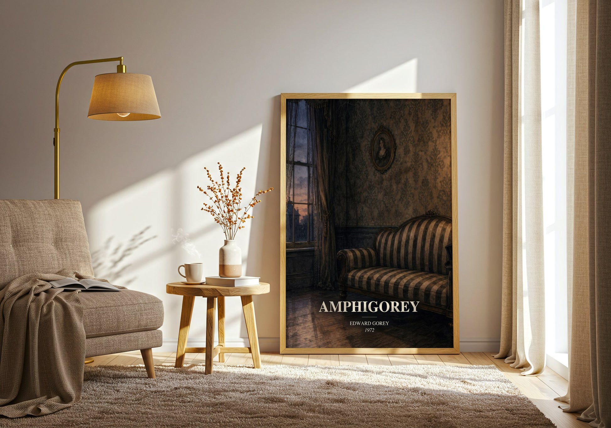 Amphigorey watercolour print in frame leaning in hallway – poetry wall art
