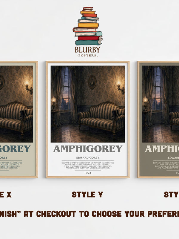Amphigorey bookish print in frame leaning in hallway – poetry wall art