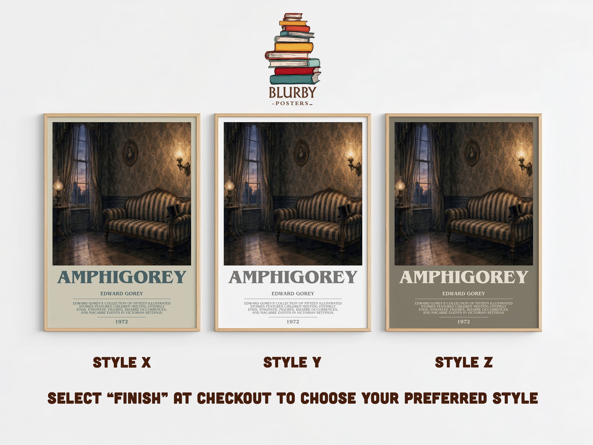 Amphigorey bookish print in frame leaning in hallway – poetry wall art