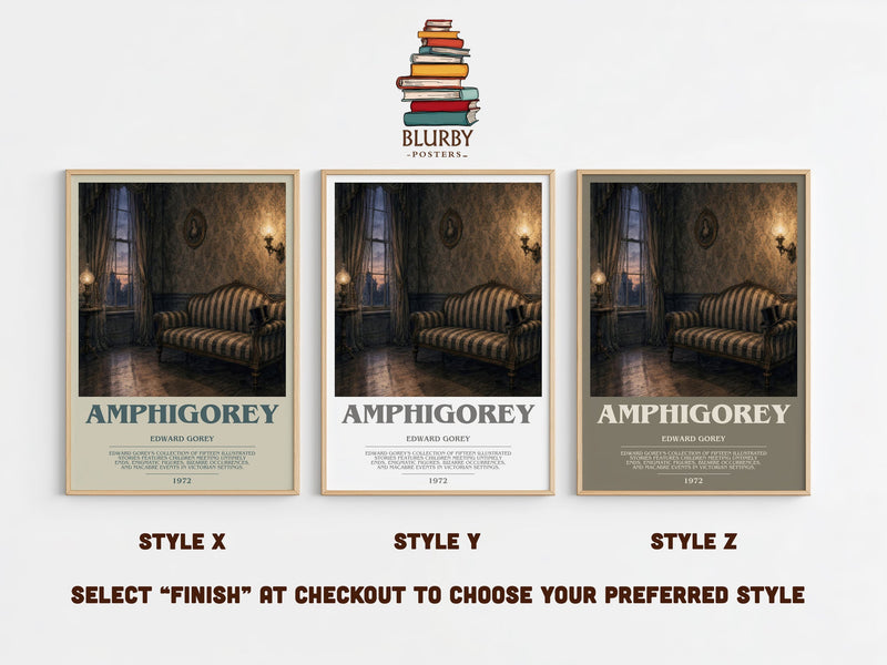Amphigorey bookish print in frame leaning in hallway – poetry wall art
