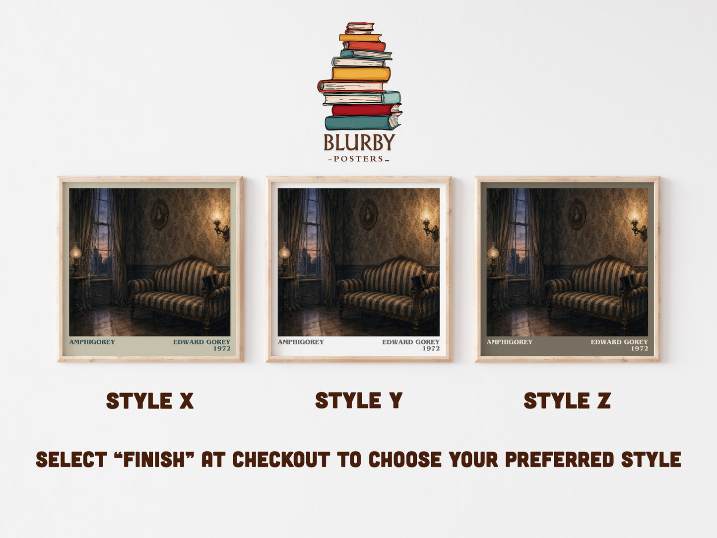 Amphigorey literary print in frame leaning in hallway – poetry wall art
