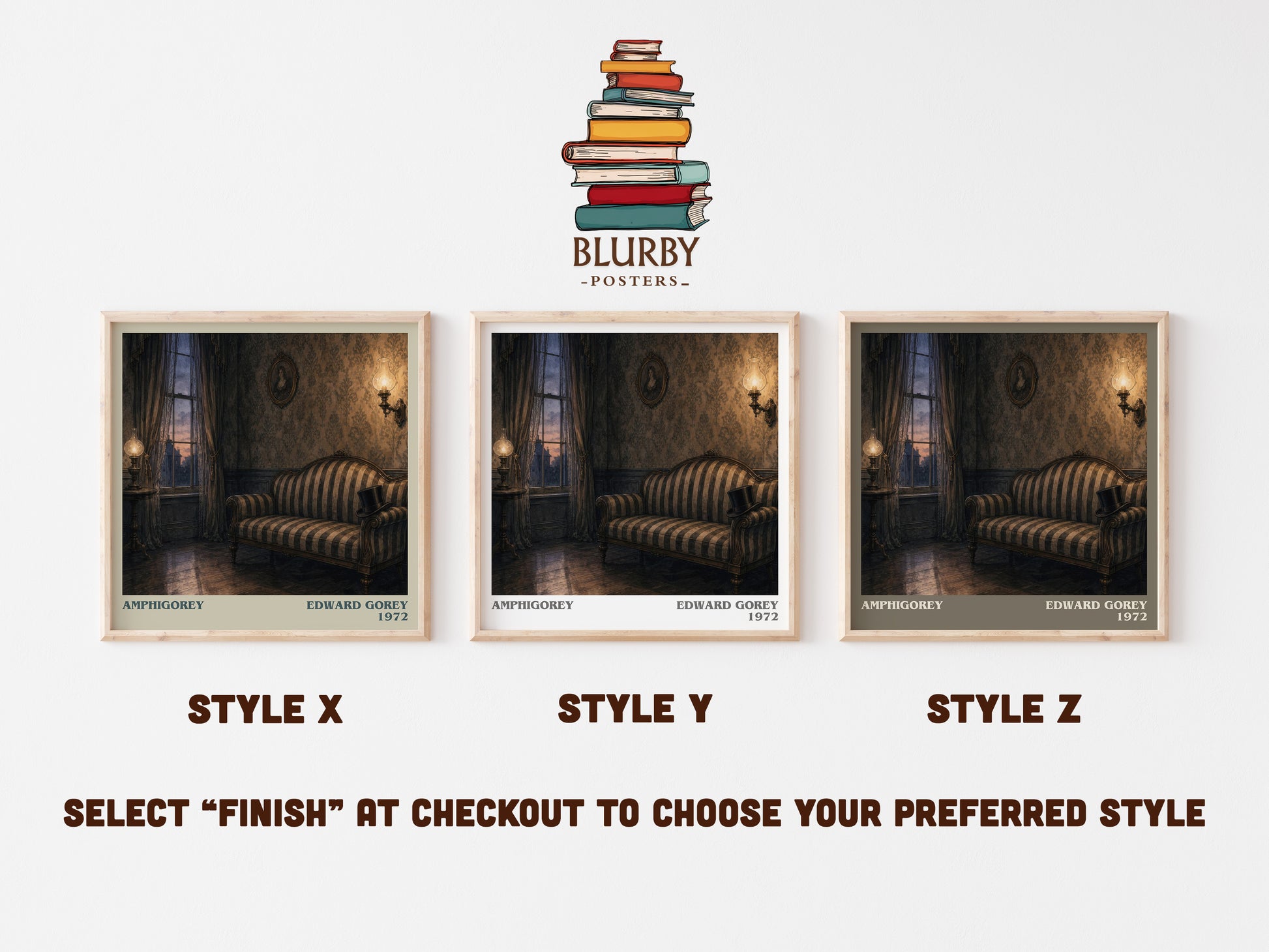 Amphigorey literary print in frame leaning in hallway – poetry wall art