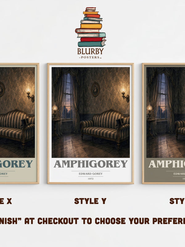 Amphigorey book cover print in frame leaning in hallway – poetry wall art
