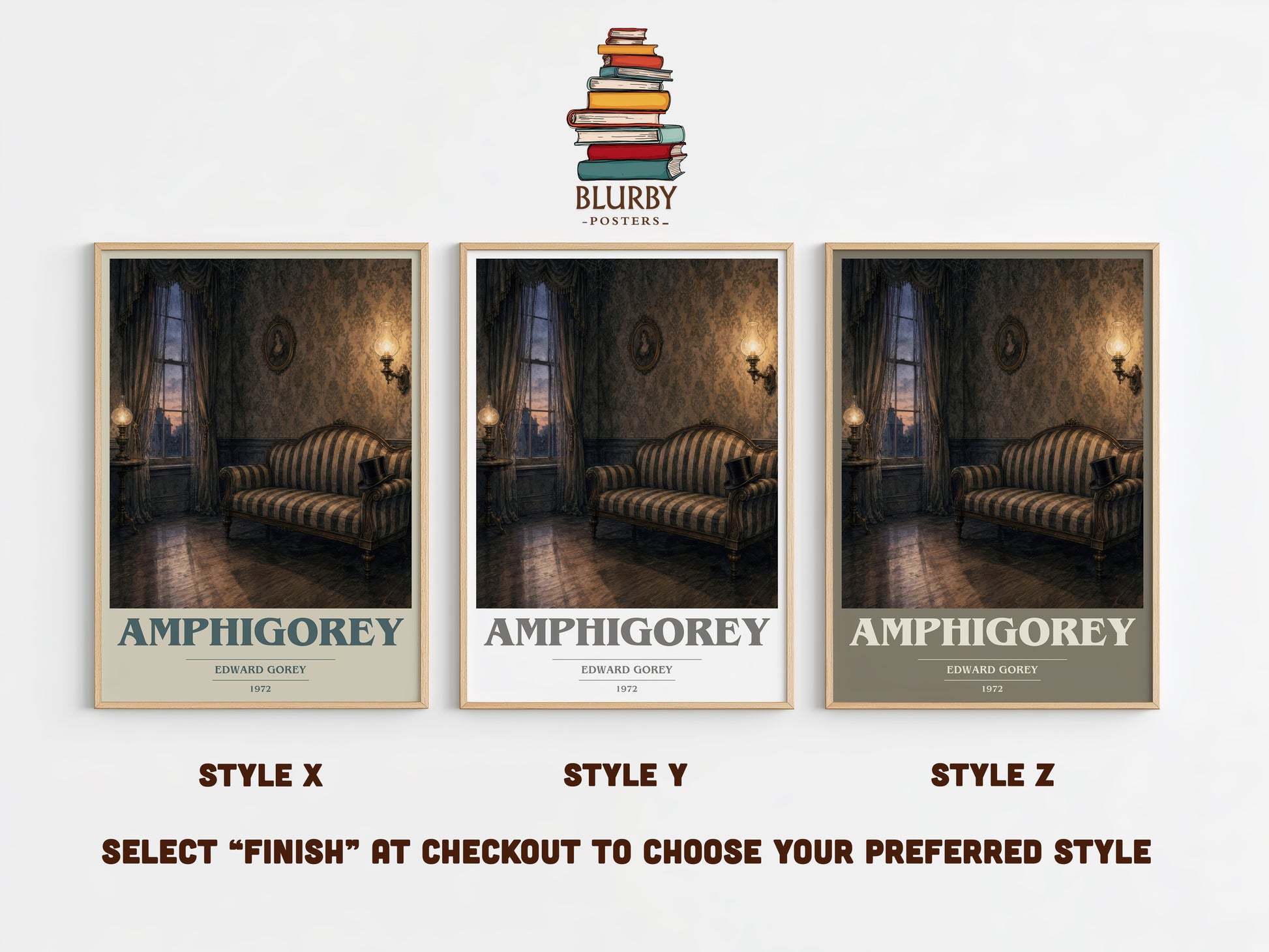 Amphigorey book cover print in frame leaning in hallway – poetry wall art