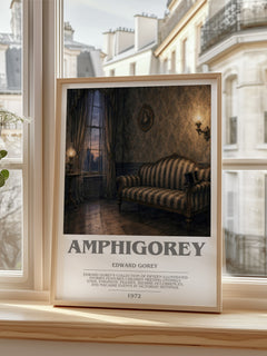Amphigorey bookish print in frame leaning in hallway – poetry wall art