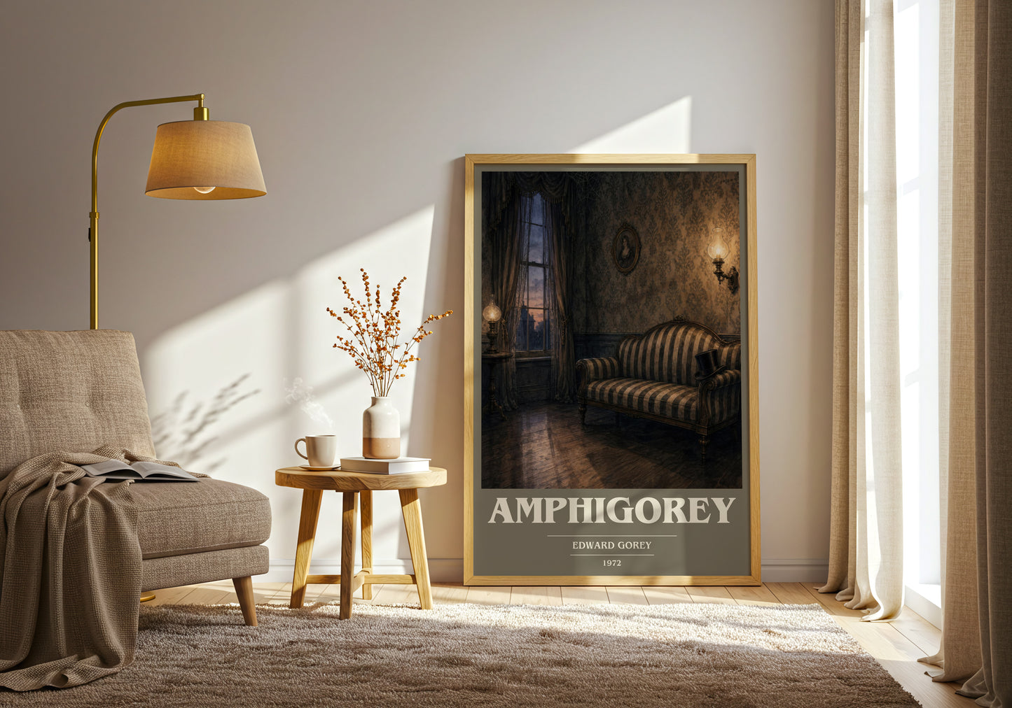 Amphigorey book cover print on bookshelf – Edward Gorey fan gift