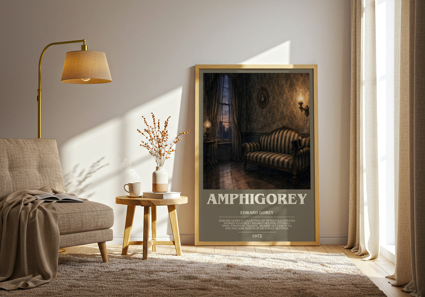Amphigorey bookish print on bookshelf – Edward Gorey fan gift