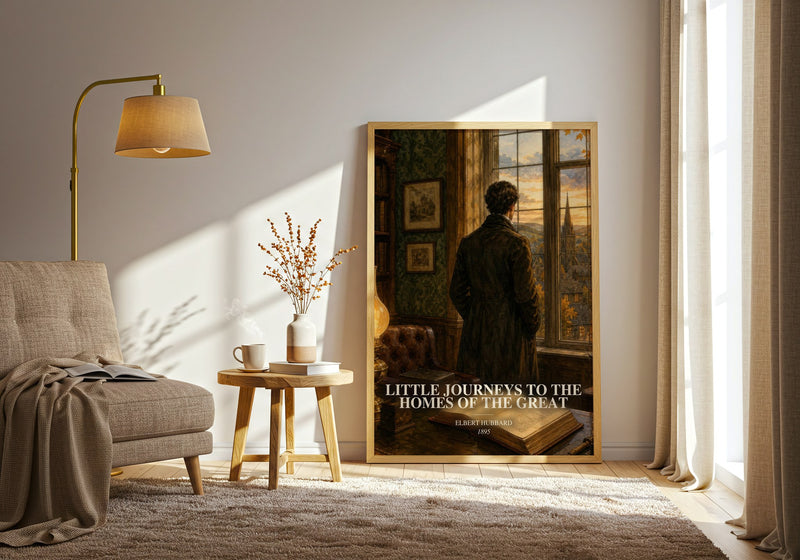 Little Journeys To The Homes Of The Great watercolour print in frame leaning in hallway – non fiction wall art