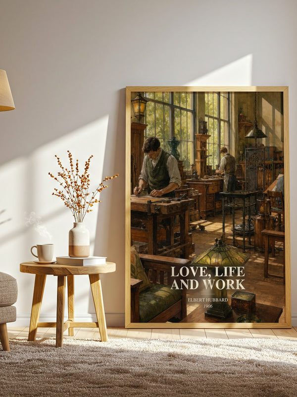 Love, Life And Work watercolour print in frame leaning in hallway – non fiction wall art