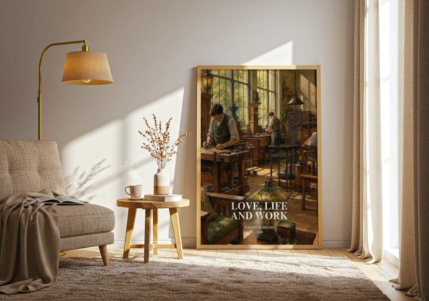 Love, Life And Work watercolour print in frame leaning in hallway – non fiction wall art