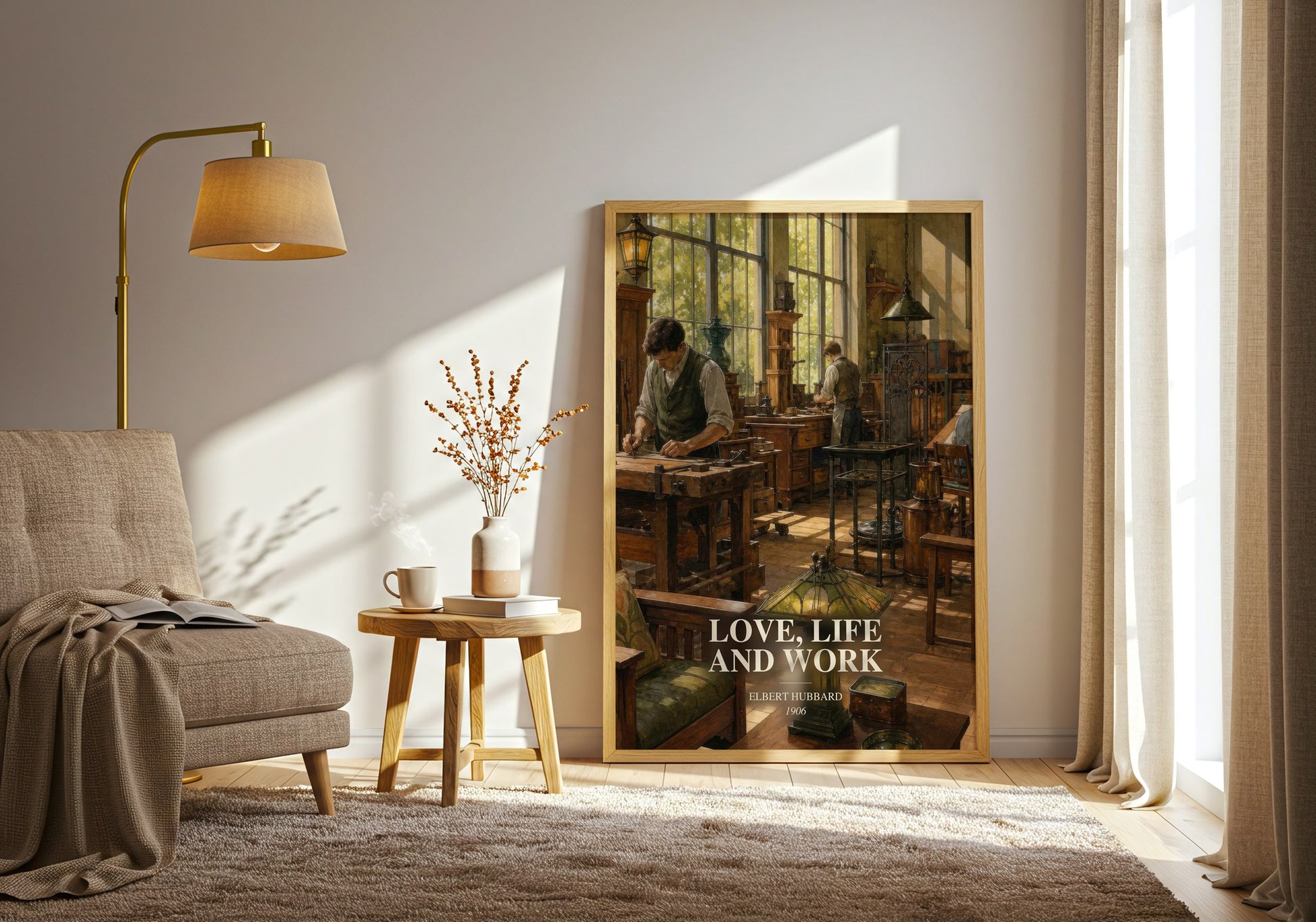 Love, Life And Work watercolour print in frame leaning in hallway – non fiction wall art