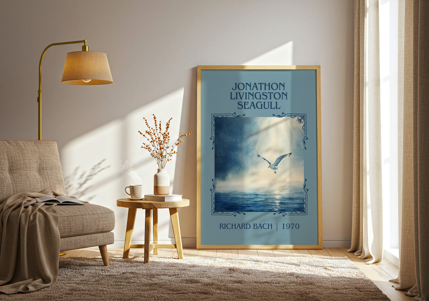 Jonathan Livingston Seagull classic book art print in frame leaning in hallway – literary fiction wall art