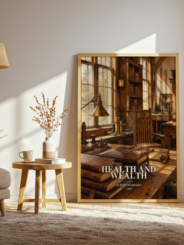 Health And Wealth watercolour print in frame leaning in hallway – non fiction wall art