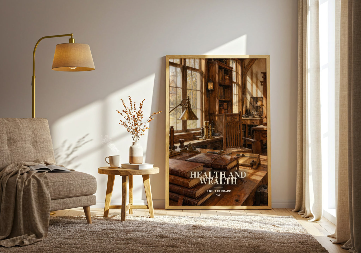 Health And Wealth watercolour print in frame leaning in hallway – non fiction wall art