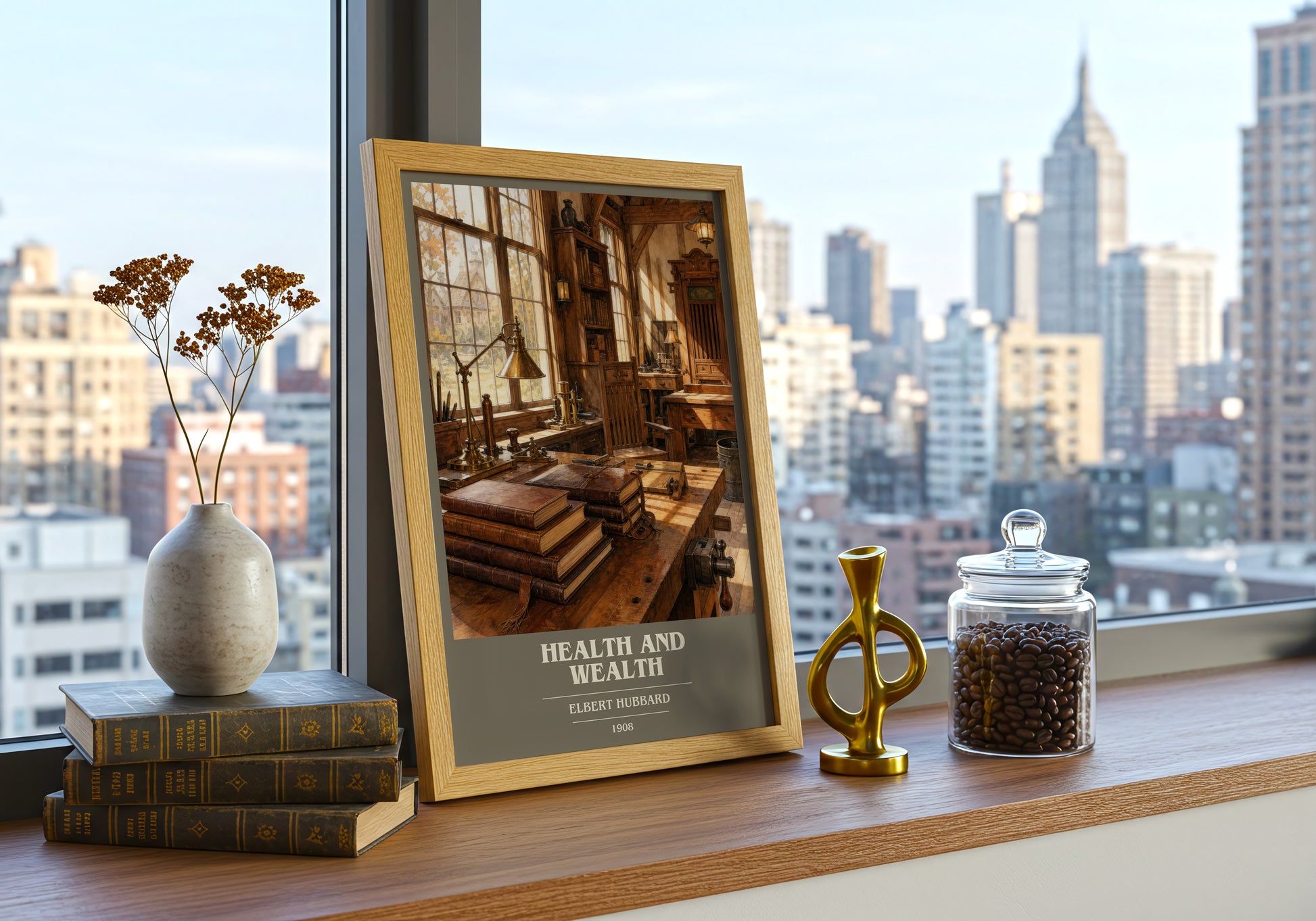 Health And Wealth book cover print framed by window – literary home decor