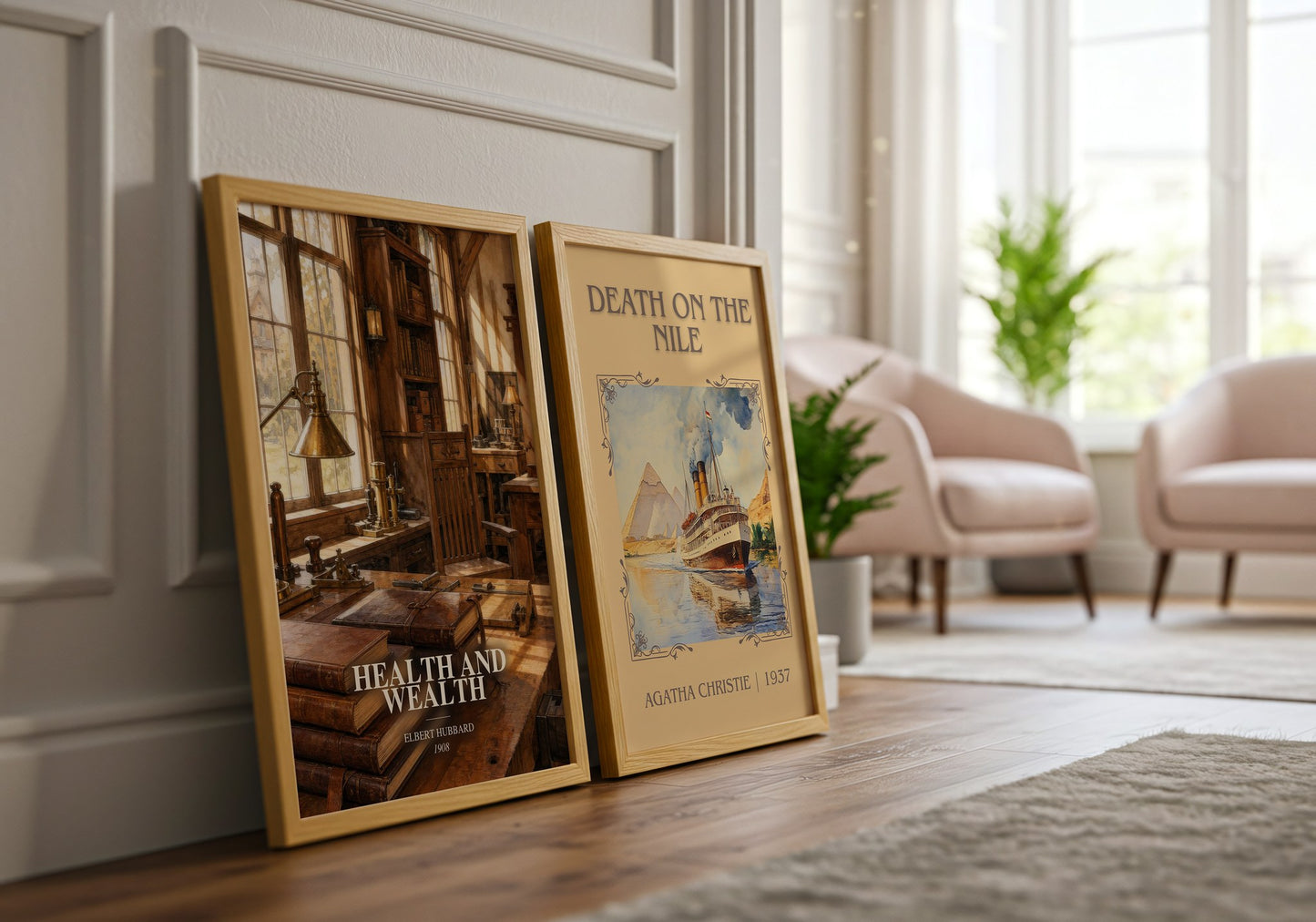 Health And Wealth watercolour print framed by window – literary home decor