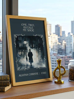 One, Two, Buckle My Shoe Classic Book Art Print by Agatha Christie – framed print on a city-view windowsill