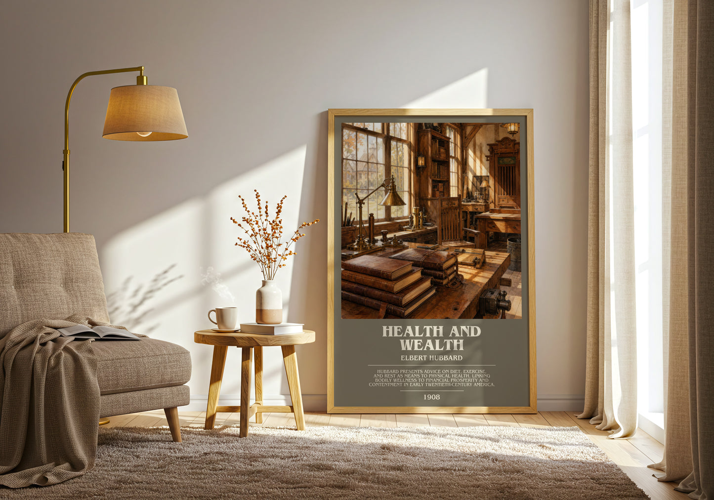 Health And Wealth bookish print on bookshelf – Elbert Hubbard fan gift