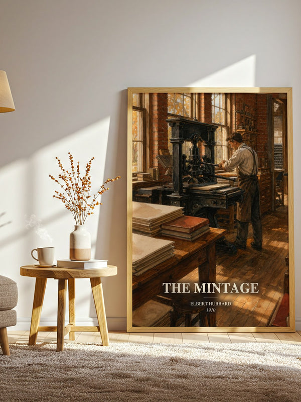 The Mintage watercolour print in frame leaning in hallway – literary fiction wall art